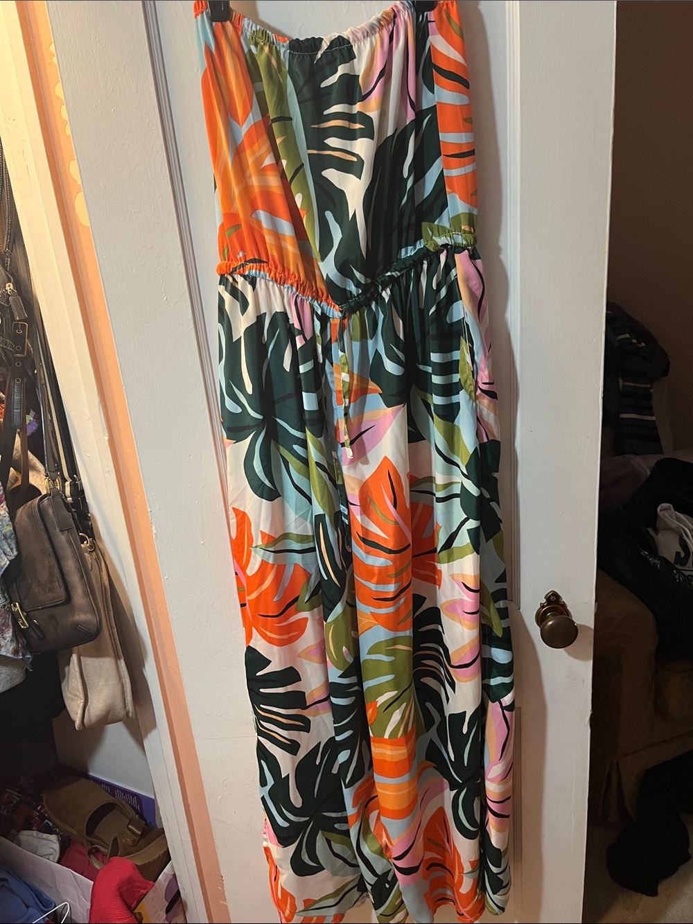Tropical Leaf Print Strapless Maxi Dress in Green & Orange